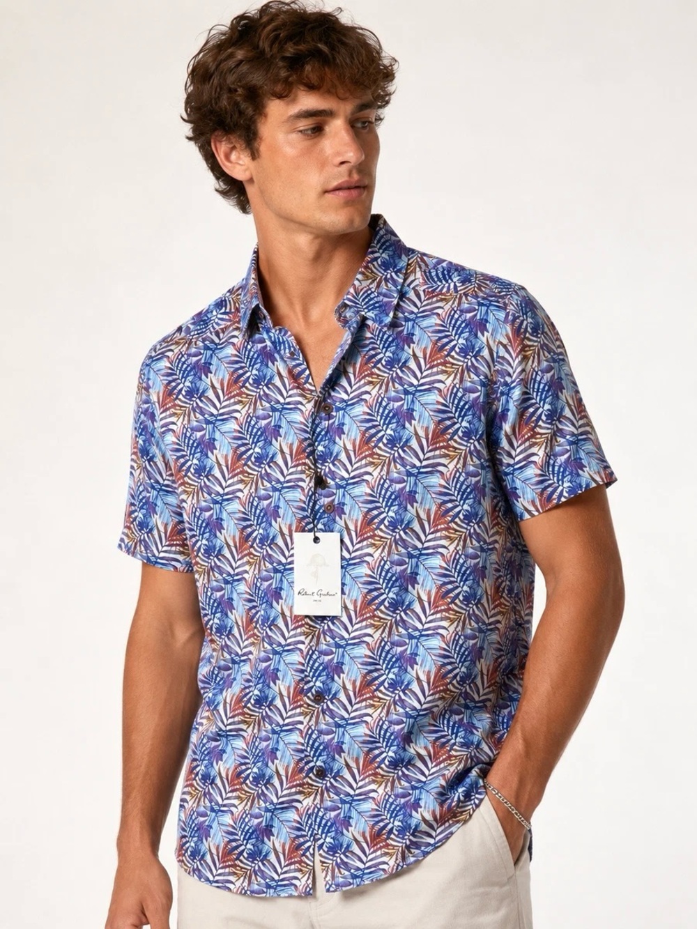 Robert Graham Short sleeve Button-Down Shirt Palm Leaf Print Linen Resort Wear